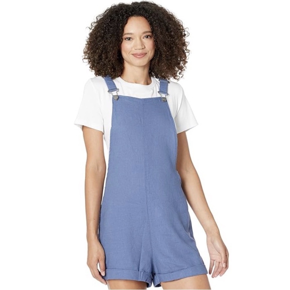 ROXY Womens Sz Small Adjustable Overalls Romper Blue Linen Pockets Beach Resort